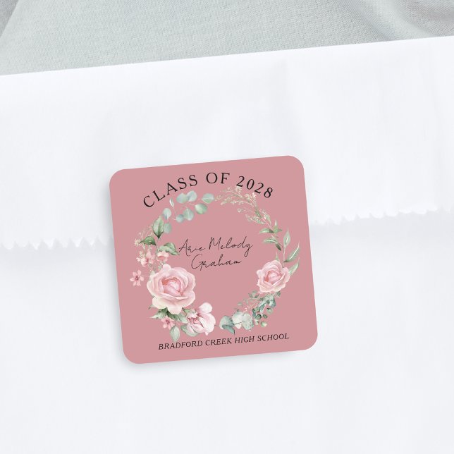 Modern Pink Roses Script Class of Graduation Square Sticker (Creator Uploaded)