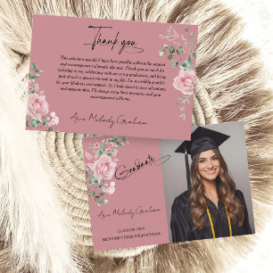 Modern Pink Roses Script Graduation Photo Thank You Card