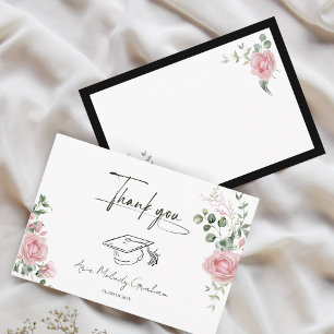 Modern Pink Roses Script Graduation Thank You Card