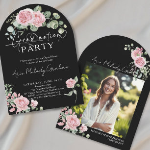Modern pink roses script photo graduation invitation