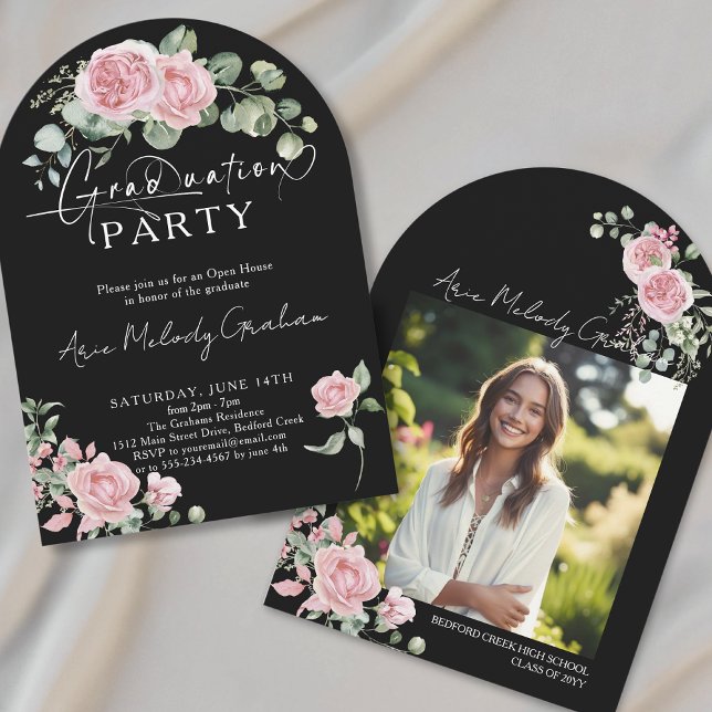 Modern pink roses script photo graduation invitation (Creator Uploaded)