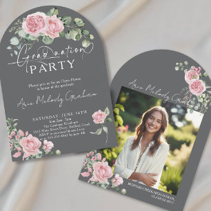 Modern pink roses script photo graduation invitation