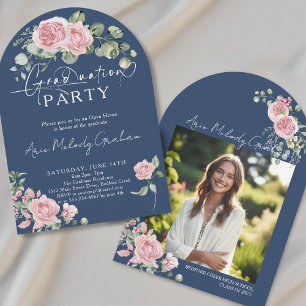 Modern pink roses script photo graduation invitation