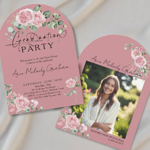 Modern pink roses script photo graduation invitation