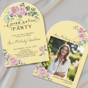 Modern pink roses script photo graduation invitation