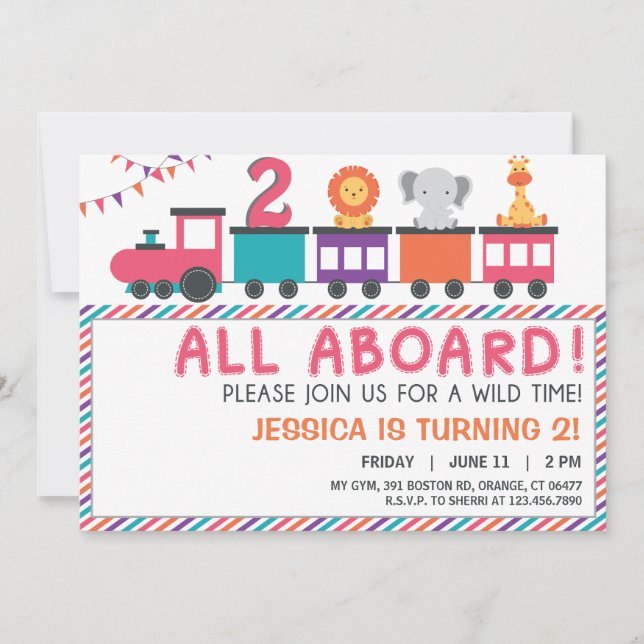 Modern Pink Safari Train Birthday Invite (Front)
