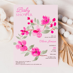 Modern pink sakura floral watercolor baby shower invitation