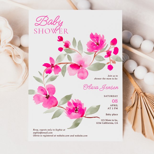Modern pink sakura floral watercolor baby shower invitation (Modern pink sakura floral watercolor baby shower invitation)