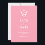 Modern Pink Save The Date<br><div class="desc">Announce your engagement with these minimal wedding save the date invitations. They feature a mix of classic and script typography in white over a trendy pink background with a monogram crest at the top. Use the template fields to personalise with your name and wedding date. Even customise the colours to...</div>