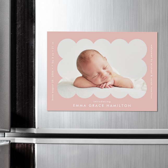 Modern Pink Scalloped Photo Birth Announcement (Creator Uploaded)