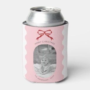 Modern Pink Scalloped Red Bow Christmas Photo Can Cooler