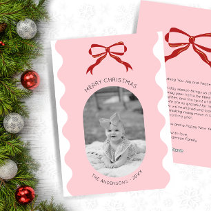 Modern Pink Scalloped Red Bow Christmas Photo  Holiday Card