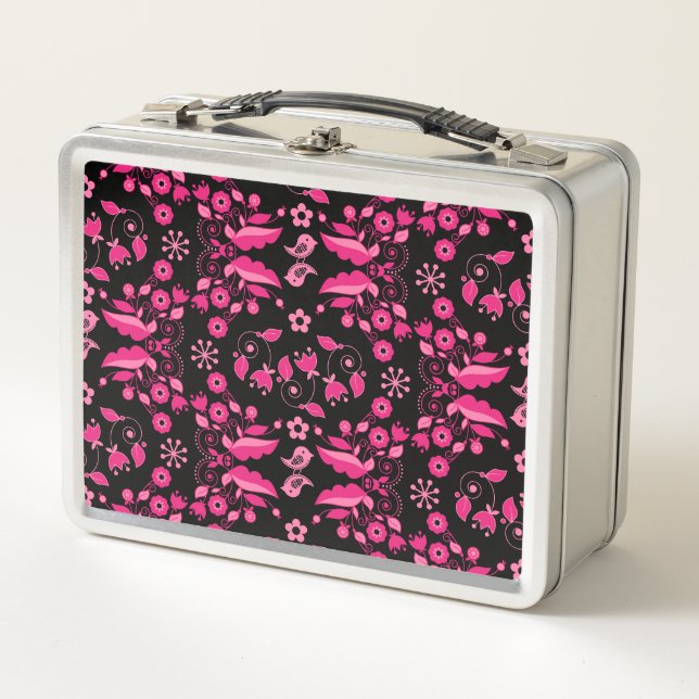 Modern Pink Scandinavian Floral Pattern Metal Lunch Box (Front)