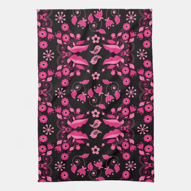 Modern Pink Scandinavian Floral Pattern Tea Towel (Vertical)