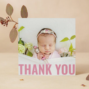 Modern Pink Script Baby Photo Thank You Card