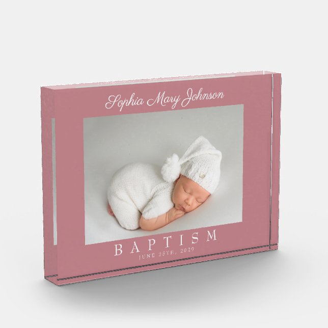 Modern Pink Script Baptism  Photo Block (Left)