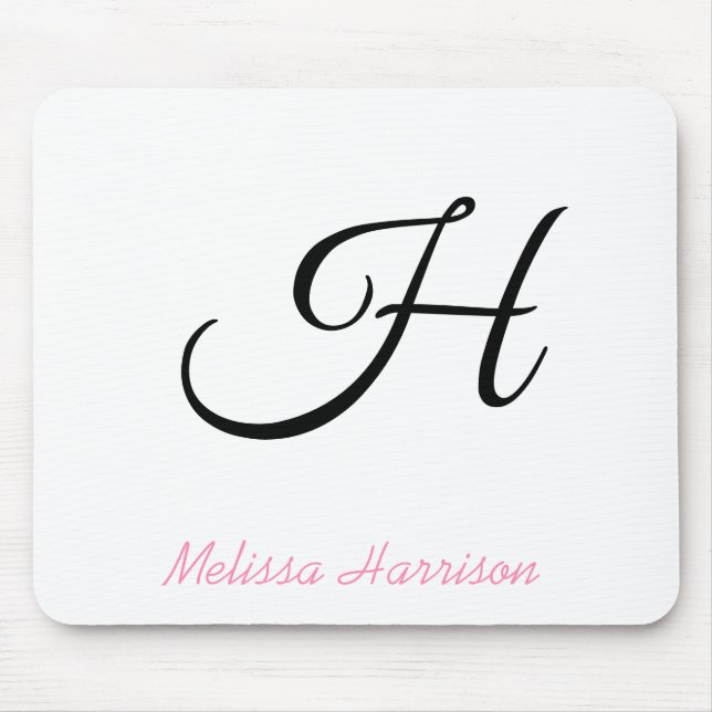 Modern Pink Script Black Initial Monogram Name Mouse Pad (Front)