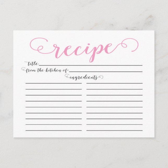 Modern Pink Script Bridal Shower Recipe Cards (Front)