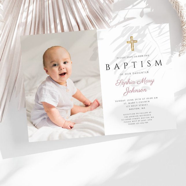 Modern Pink Script Cross Girl Photo Baptism Invitation (Modern Pink Script Cross Girl Photo Baptism )