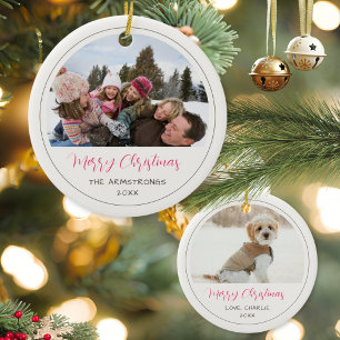 Modern Pink Script Family Dog Christmas Photo Ceramic Tree Decoration