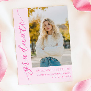 Modern Pink Script Photo Graduation Invitation