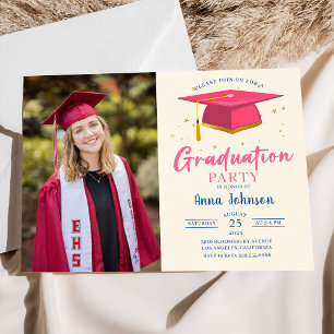 Modern Pink Script Photo Graduation Party Invitation