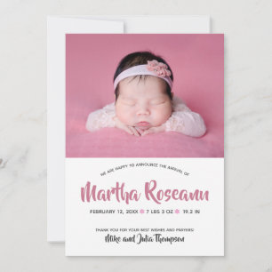 Modern Pink Script Photo Newborn Baby Girl Birth Announcement