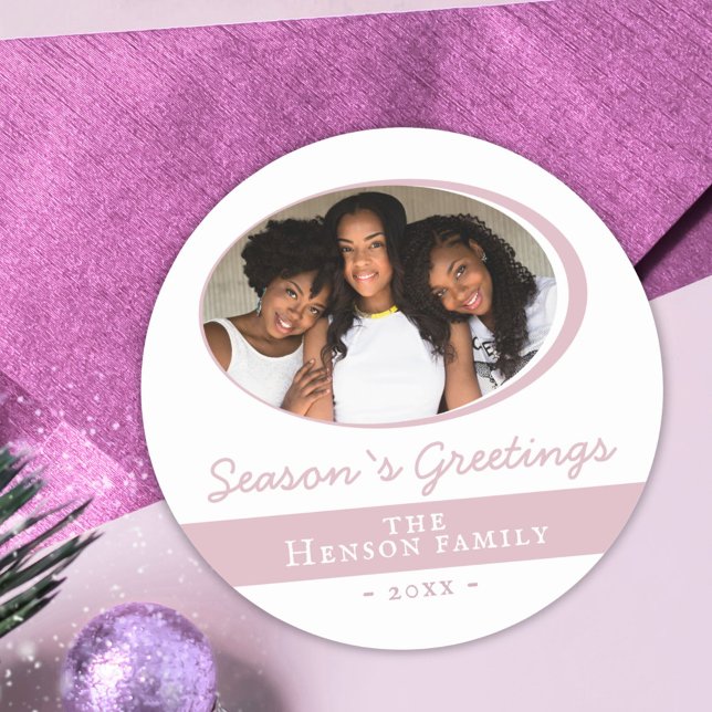 Modern Pink Season Greetings Script Photo Holiday Classic Round Sticker (Creator Uploaded)