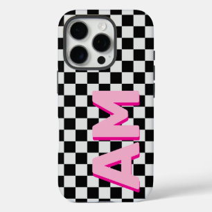 Modern Pink Shadow Monogram Chequerboard Initial iPhone 16 Pro Case