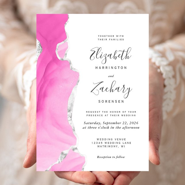 Modern Pink Silver Agate Wedding Invitation (Creator Uploaded)