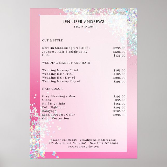 Modern Pink Silver Glitter Salon Price List Poster (Front)