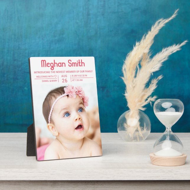 Modern Pink Simple Photo Birth Announcement Plaque (Side)