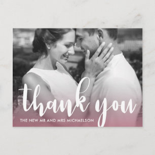 Modern Pink Simple Script Wedding Photo Thank You Postcard