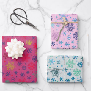 Modern Pink Snowflake Christmas Pattern Set of Wrapping Paper Sheet