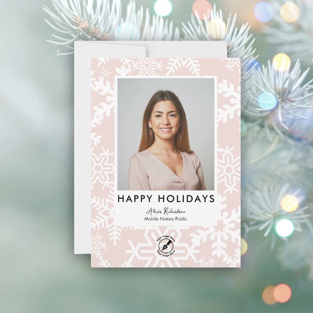 Modern Pink Snowflake Notary Happy Holidays Photo  Holiday Card (Creator Uploaded)