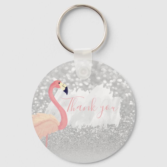 Modern Pink Sparkly Flamingo, Thank You  Key Ring (Front)