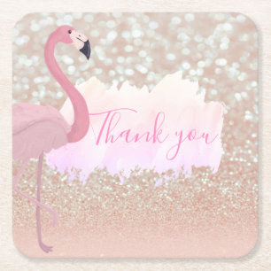 Modern Pink Sparkly Flamingo, Thank You Square Paper Coaster