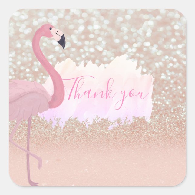 Modern Pink Sparkly Flamingo, Thank You Square Sticker (Front)