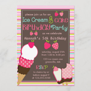 Modern Pink Strawberries & Ice Cream Girls Party Invitation