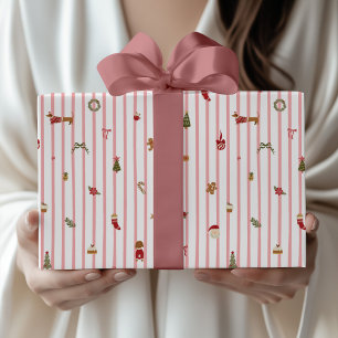 Modern Pink Stripe Christmas Illustration Wrapping Paper