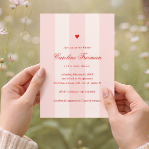 Modern Pink Stripe Heart Valentine Baby Shower Invitation
