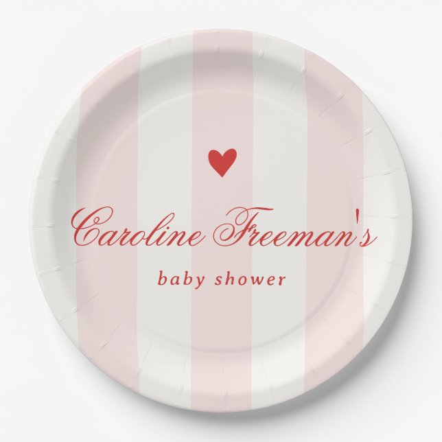 Modern Pink Stripe Heart Valentine Baby Shower Paper Plate (Front)