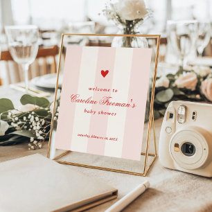 Modern Pink Stripe Heart Valentine Table Welcome Poster