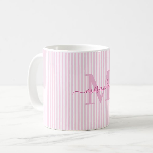 Modern Pink Stripe Monogram Name Coffee Mug (Front Left)