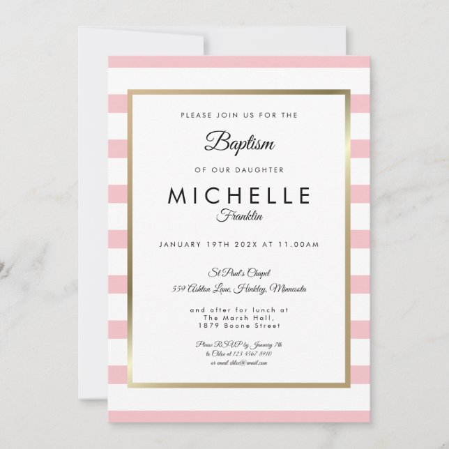 Modern Pink Striped Baptism Christening Invitation (Front)