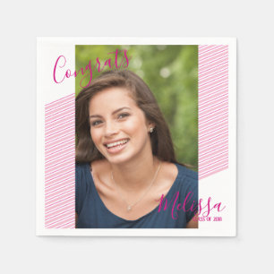 Modern Pink Striped Graduation Photo Napkins
