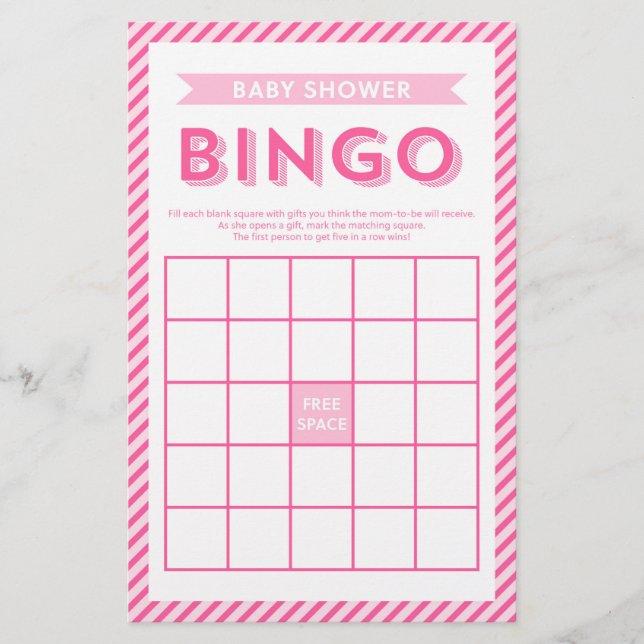 Modern Pink Stripes Baby Shower Bingo Game Stationery (Front)