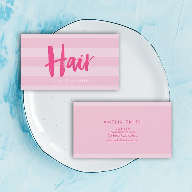 Modern Pink Stripes Brush Script Hair Salon Business Card (Creator Uploaded)