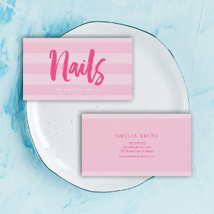 Modern Pink Stripes Brush Script Nails Business Card