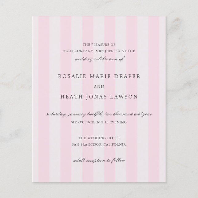 Modern Pink Stripes Elegant Budget Wedding Invite Flyer (Front)